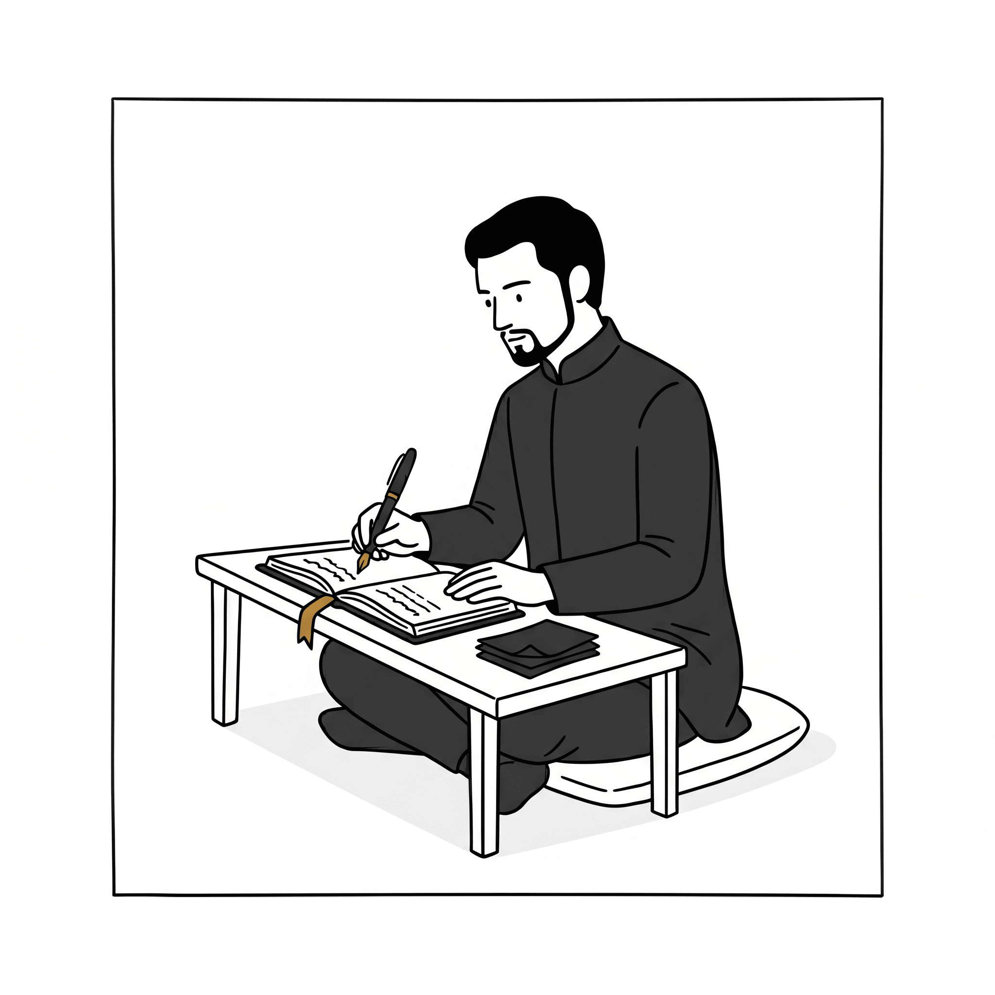 A scribe at a low writing desk, pen in hand, ledger open.